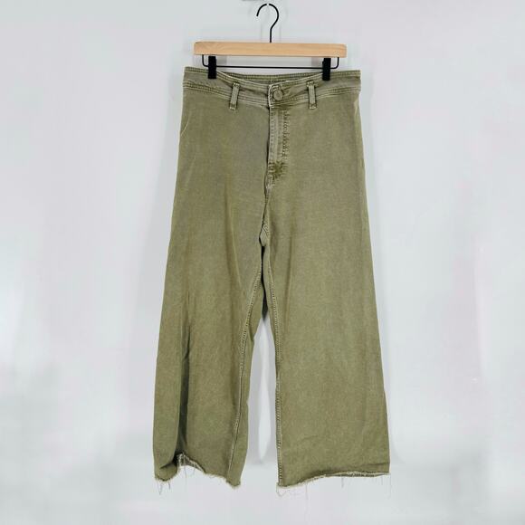 Zara Women’s Army Green Denim Sailor Pants Size 14 Wide Leg Raw Hem - Picture 1 of 7